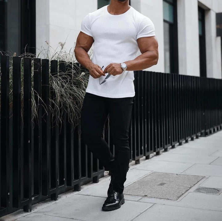 Herren Kurzarm Ripp-T-Shirt mit tailliertem Schnitt und bequemen Tragekomfort Aliams