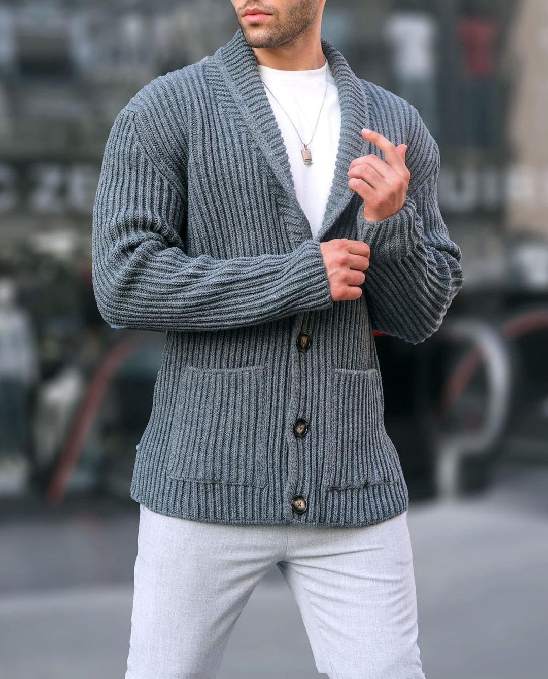 Herren Grob gestrickte Cardigan mit breitem Rippenmuster und praktischen Taschen Aliams