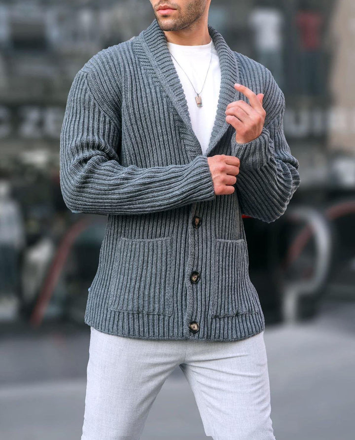 Herren Grob gestrickte Cardigan mit breitem Rippenmuster und praktischen Taschen Aliams