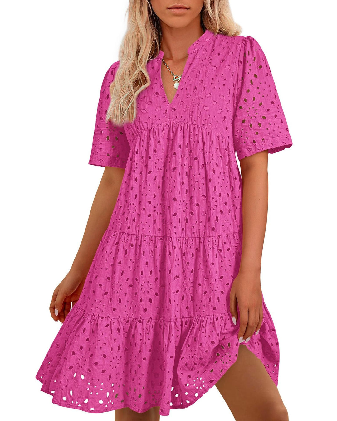 Damen Luftiges Midikleid mit Romantischem Lochmuster und V-Ausschnitt Aliams