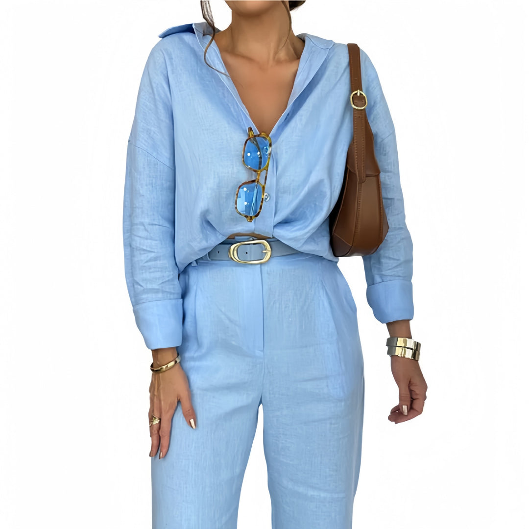 Damen angesagter Leinen-Jumpsuit mit tailliertem Schnitt und langen Ärmeln Aliams
