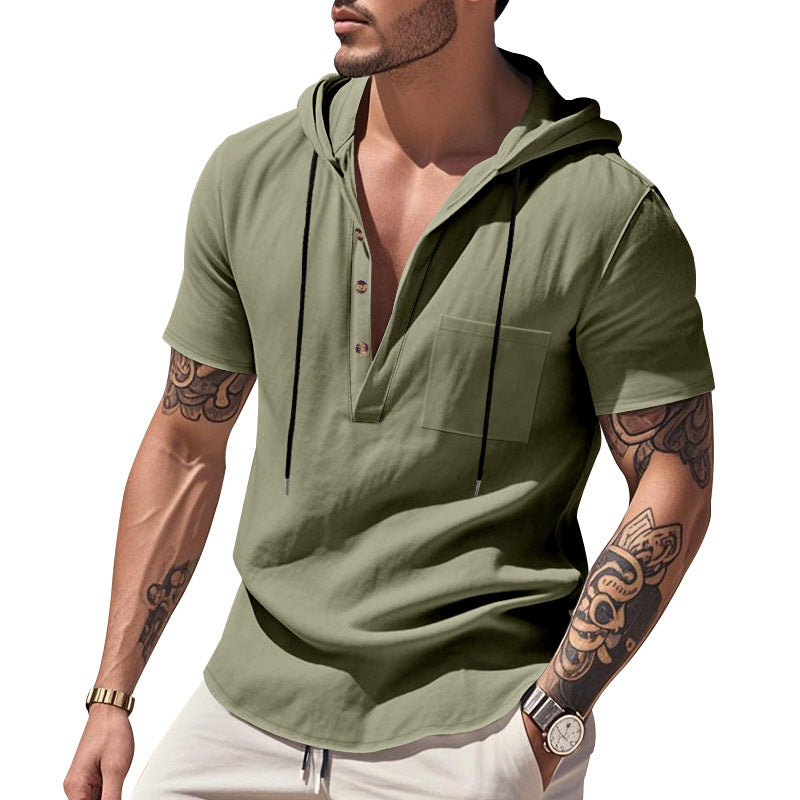 Herren Kurzarm-Henley-Shirt mit praktischer Kapuze und modischen Akzenten Aliams