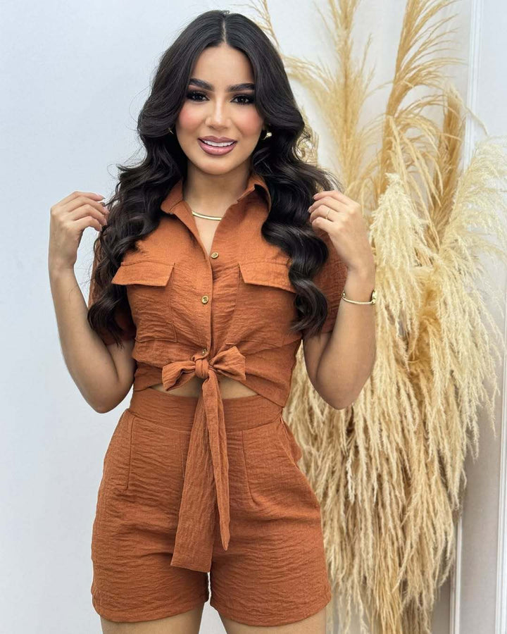 Damen Cropped Blusenshorts-Set mit Knoten Aliams