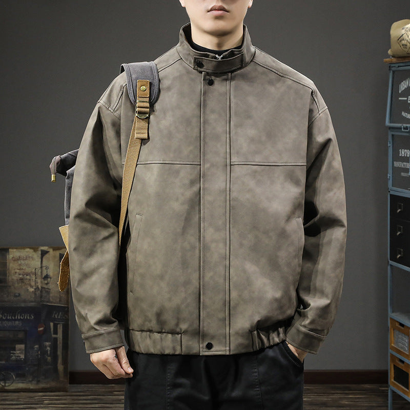 Herren stylische Kunstlederjacke mit hochgeschlossenem Kragen und praktischen Taschen Aliams