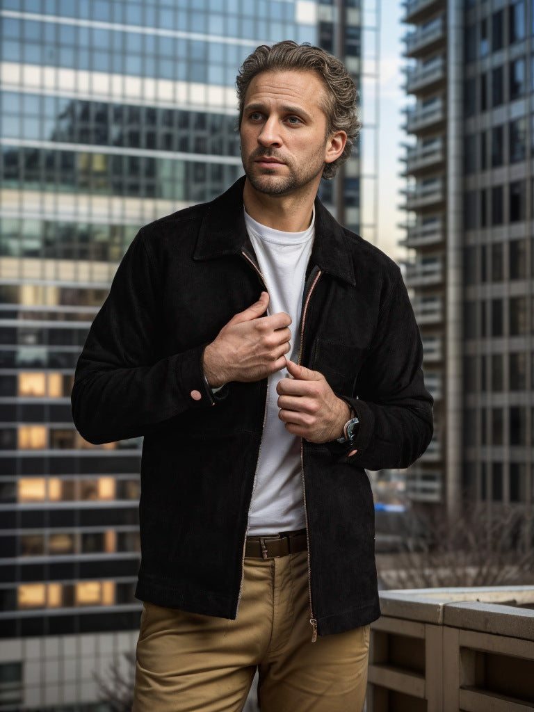 Herren schicke und lässige Wildlederjacke mit Stehkragen Aliams