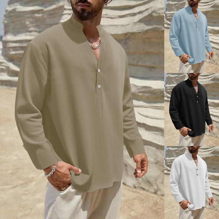 Herren komfortables Langarmhemd mit Stehkragen und Knopfdetails Aliams