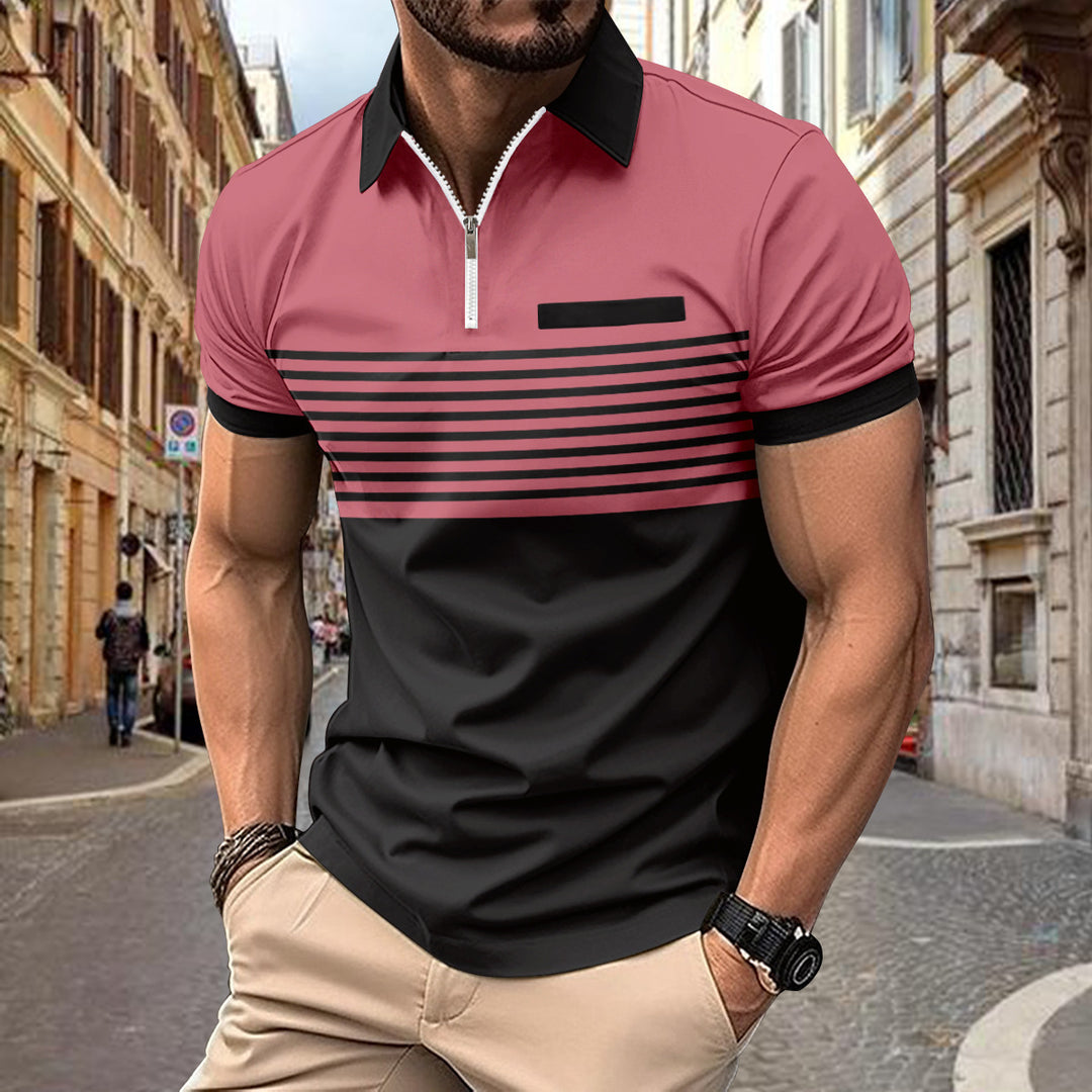 Herren Kurzarm Poloshirt mit elegantem Reißverschluss und modischem Streifenmuster Aliams
