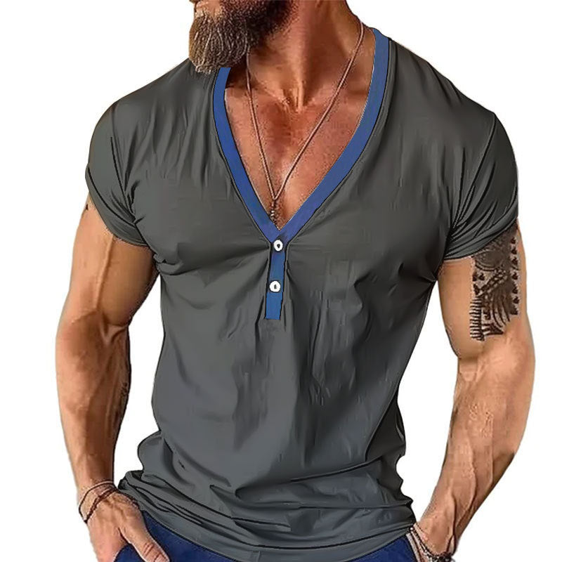 Herren Kurzarm Henley T-Shirt mit stylischem Kragen und zwei Knöpfen Aliams
