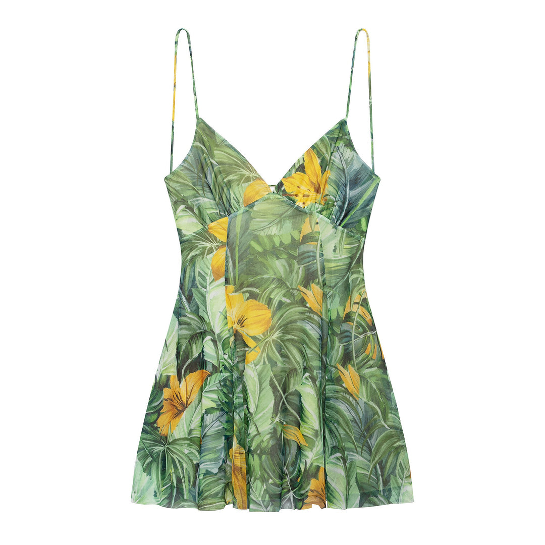 Damen Minikleid mit floralem Muster und feinen Spaghettiträgern Aliams