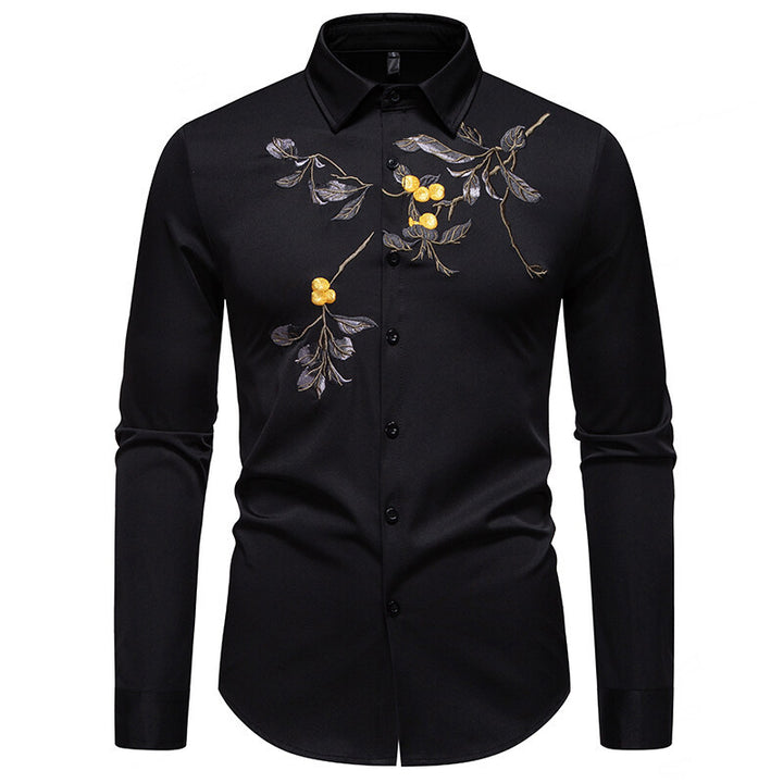 Herren elegantes Langarmhemd mit floraler Stickerei Aliams