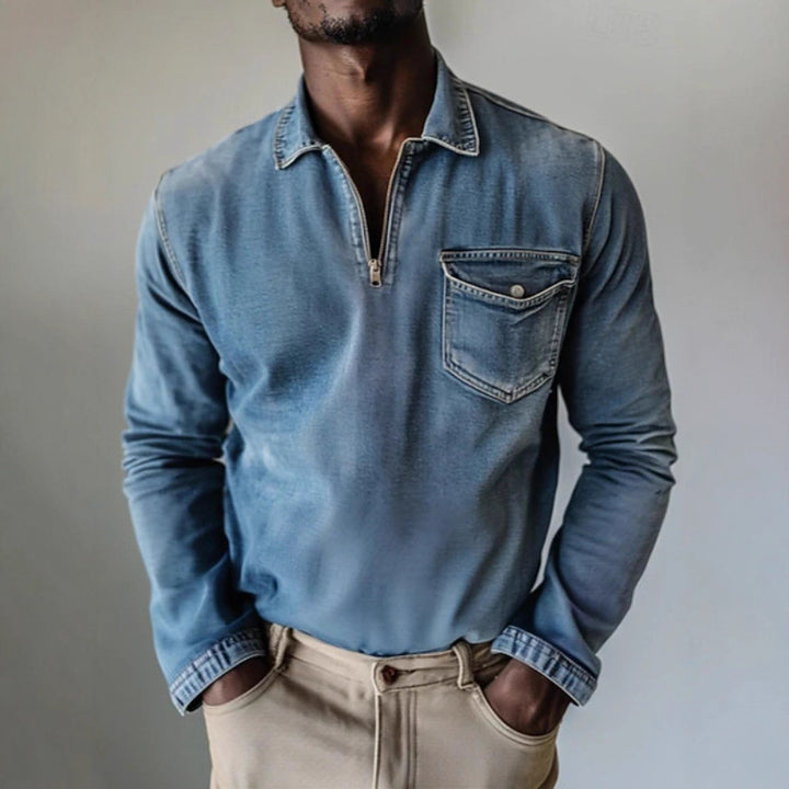 Herren Jeanshemd mit kurzem Reißverschluss und Brusttasche Aliams