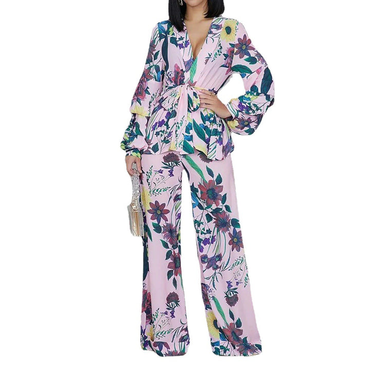 Damen Blütenmuster Zweiteiler mit weitem Bein und Bindegürtel Aliams