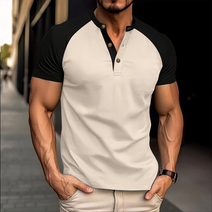 Herren Kurzarm Poloshirt mit modischer Knopfleiste und kontrastierenden Ärmeln Aliams