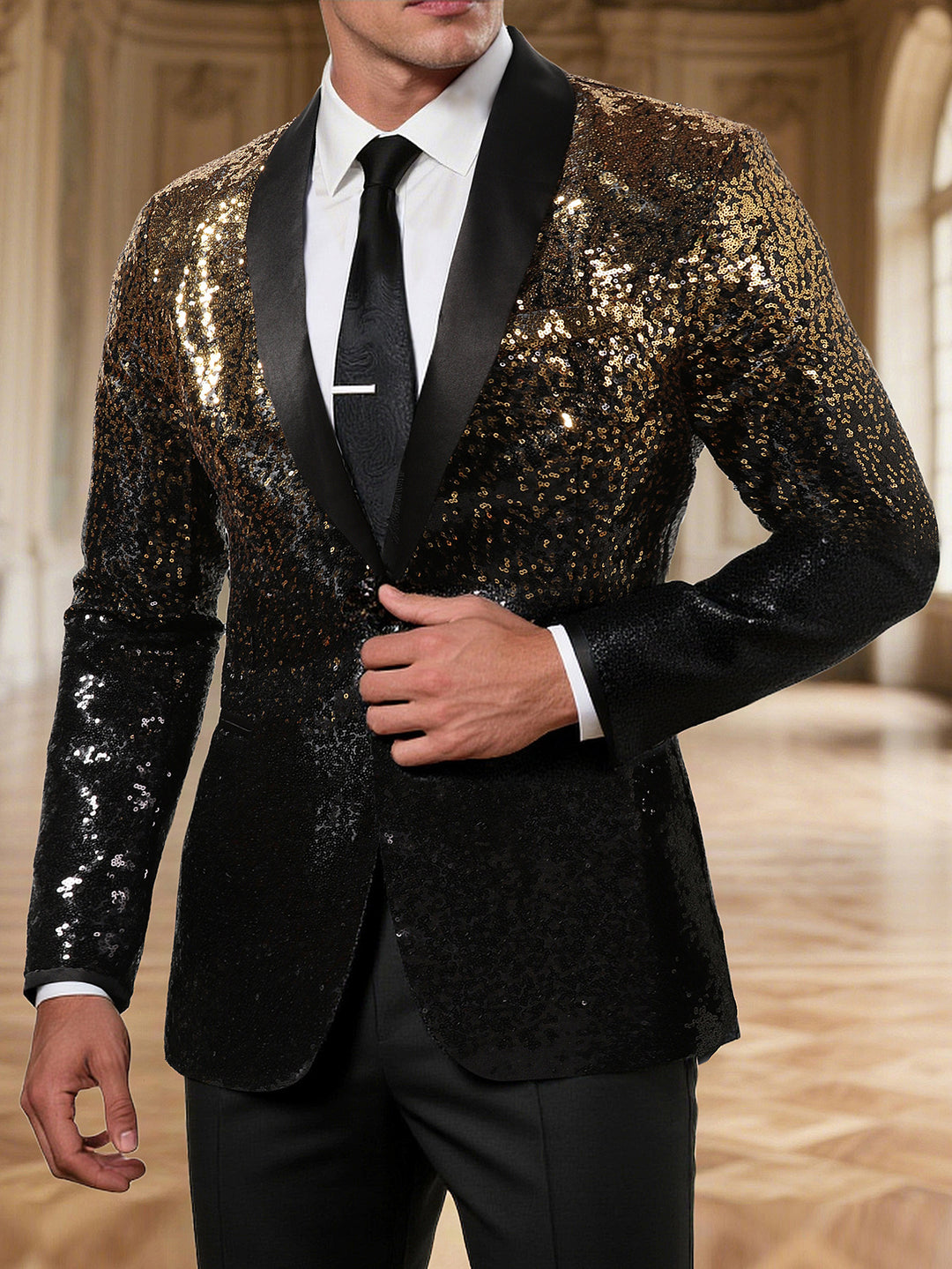 Herren Glamouröser Paillettenblazer mit satiniertem Revers und modernem Schnitt Aliams