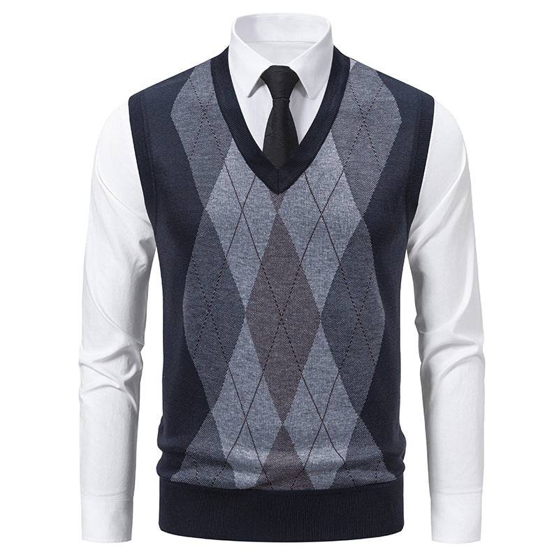 Herren V-Ausschnitt Strickpullover mit elegantem Rautenmuster Aliams