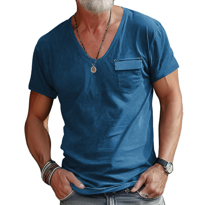 Herren V-Ausschnitt T-Shirt mit dekorativer Brusttasche und attraktiver Struktur Aliams