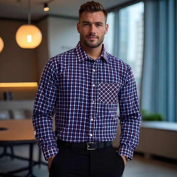 Herren kariertes Langarmhemd mit stilvollem Brusttaschen-Design Aliams