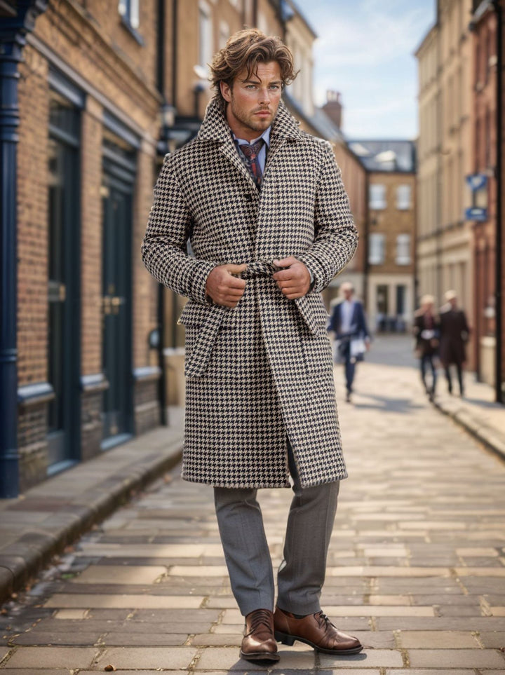 Herren eleganter Langmantel im Hahnentrittmuster Aliams