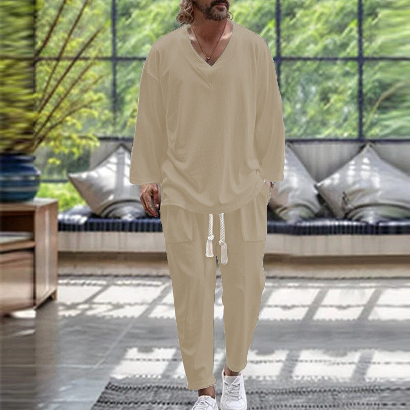 Herren gemütliches Lounge-Set mit V-Ausschnitt und praktischen Taschen Aliams