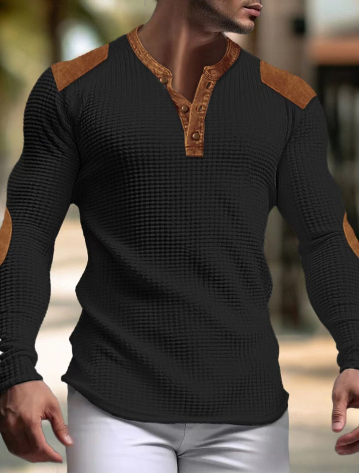 Herren strukturiertes Langarmshirt mit modischen Lederapplikationen Aliams
