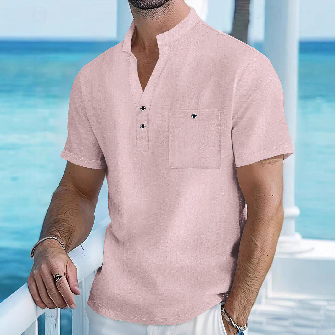 Herren Kurzarm-Hemd mit modischem Henley-Ausschnitt und Brusttasche Aliams