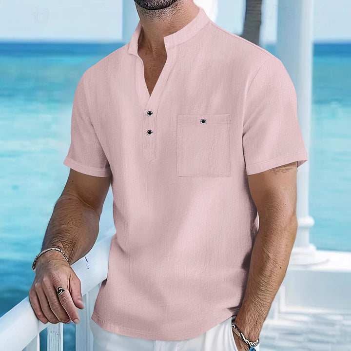 Herren Kurzarm-Hemd mit modischem Henley-Ausschnitt und Brusttasche Aliams