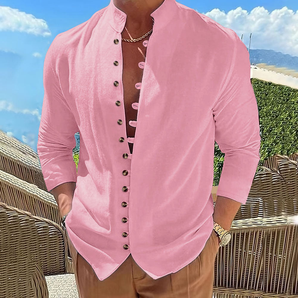 Herren stilvolles Langarm-Hemd mit Knopfleiste und modernem Stehkragen Aliams