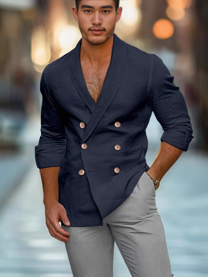 Herren eleganter Leinenblazer mit doppelter Knopf-Leiste Aliams