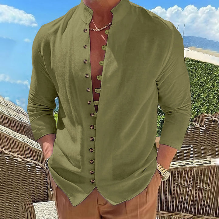 Herren Hemd mit chinesischem Kragen und dekorativer Knopfleiste Aliams