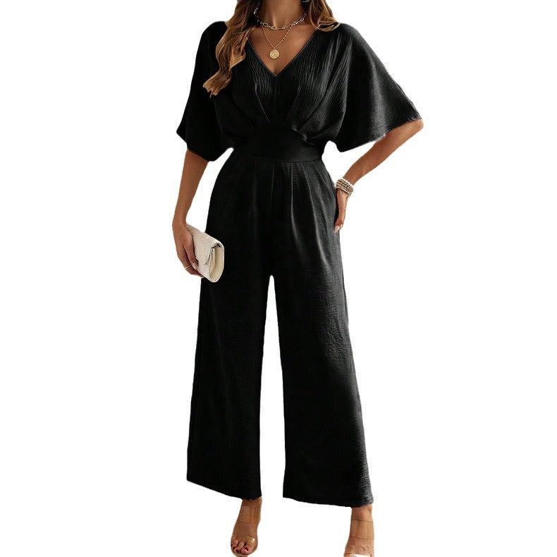 Damen Weit Geschnittener Jumpsuit mit Eleganten Drapierungen und V-Ausschnitt Aliams