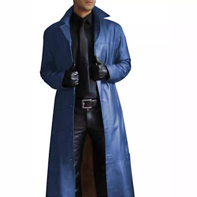 Herren eleganter Kunstledermantel mit doppeltem Knopfverschluss Aliams