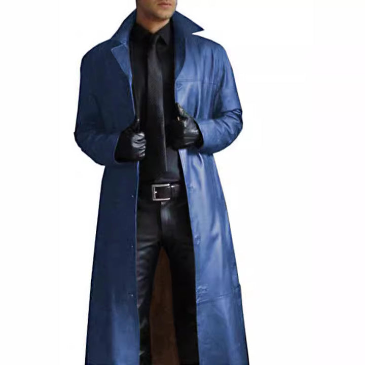 Herren eleganter Kunstledermantel mit doppeltem Knopfverschluss Aliams