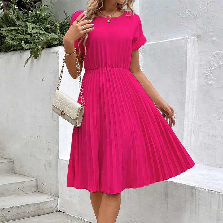 Damen Faltendes Midikleid mit Elastischem Bund und Kurzen Ärmeln Aliams