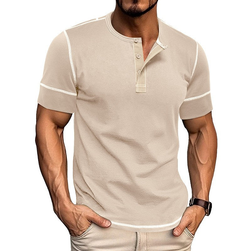 Herren Kurzarm Hemd mit modernem Henley-Kragen und stilvollen Kontrastnähten Aliams