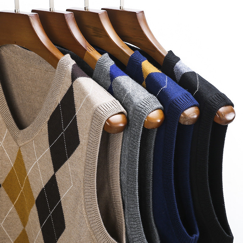 Herren klassischer V-Ausschnitt Strickpullover mit Rautenmuster Aliams