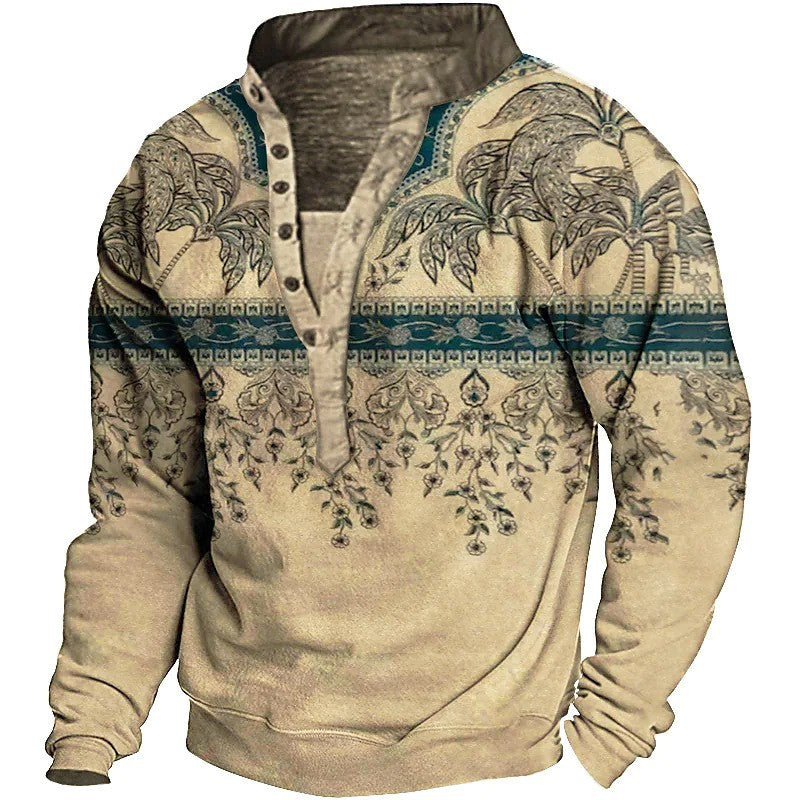 Herren Fleece-Pullover mit einzigartigem Ethno-Muster und praktischen Knopfdetails Aliams