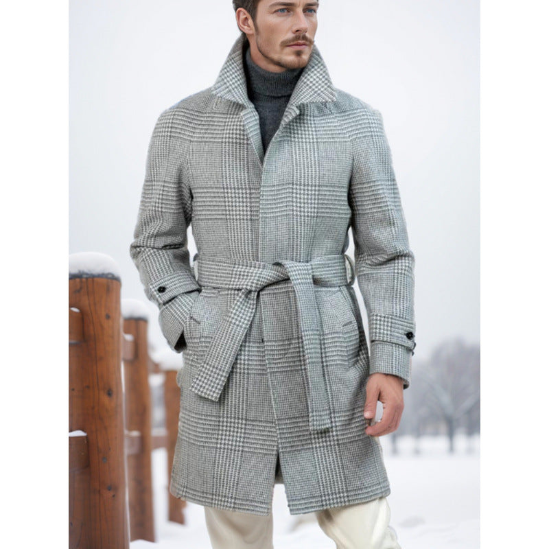 Herren eleganter Karomantel mit Taillengürtel Aliams