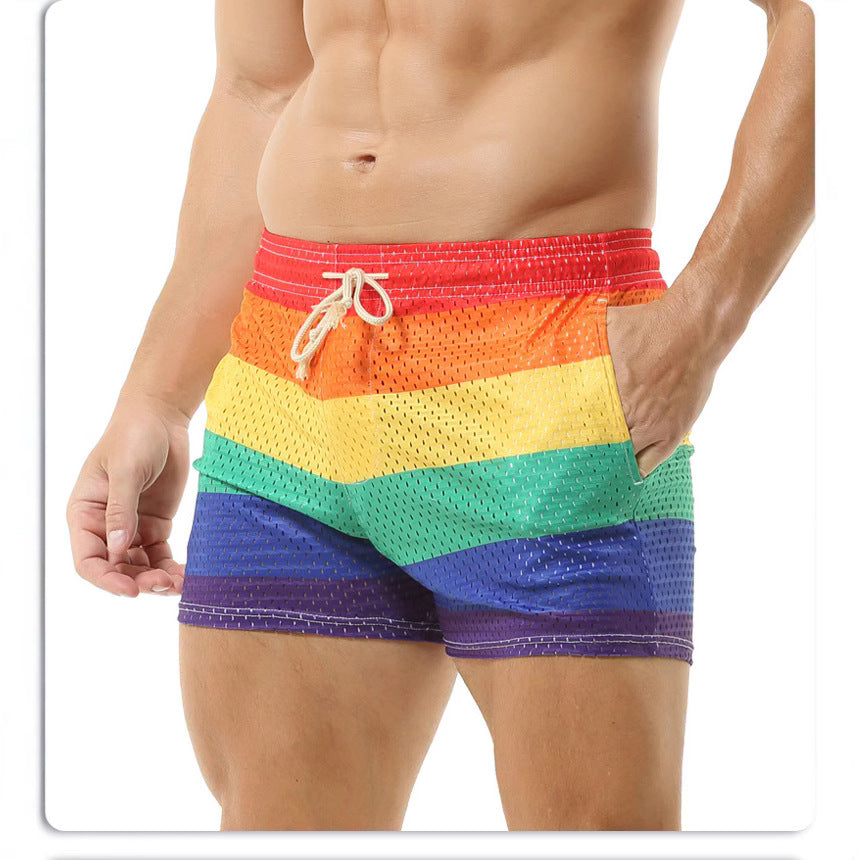 Herren Badeshorts mit atmungsaktivem Netzmaterial und buntem Regenbogenmuster Aliams