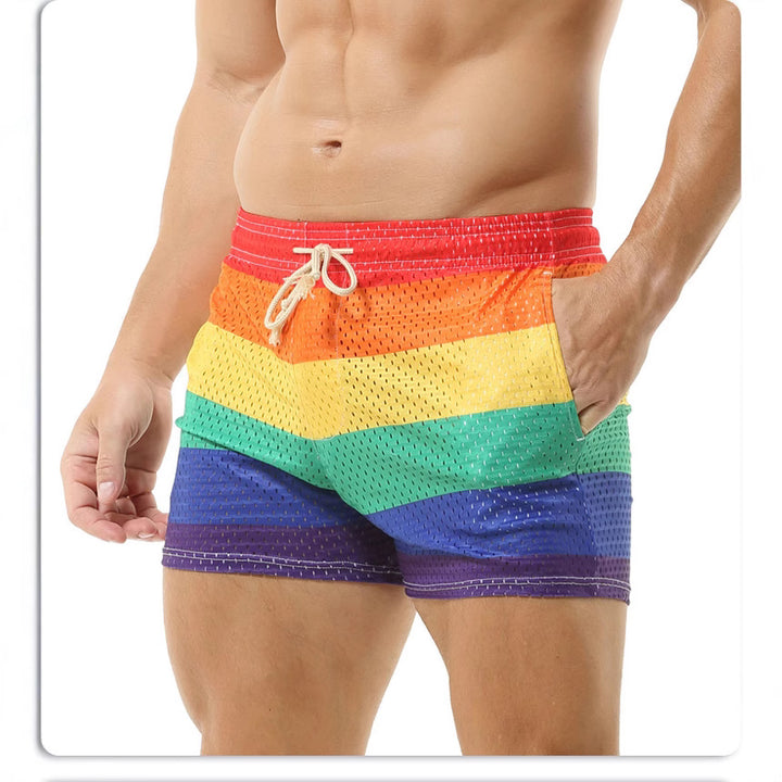 Herren Badeshorts mit atmungsaktivem Netzmaterial und buntem Regenbogenmuster Aliams