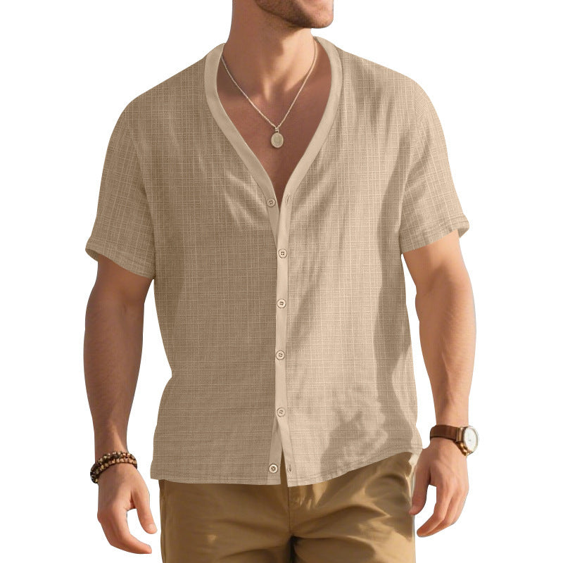 Herren Kurzarm-Henley-Hemd mit modischem V-Ausschnitt und strukturiertem Design Aliams