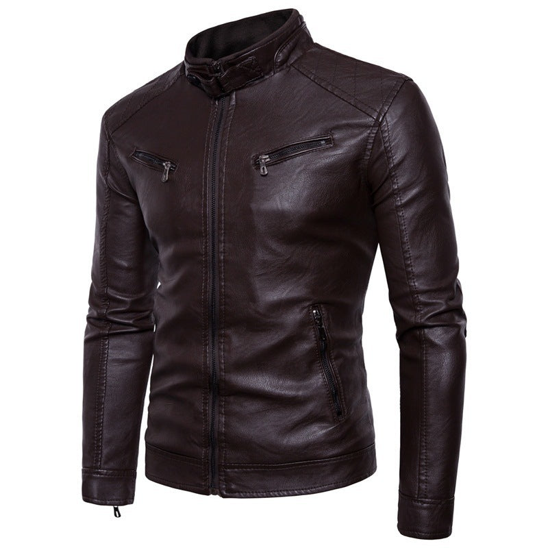 Herren stylische Lederjacke mit modernem Stehkragen und Reißverschlüssen Aliams