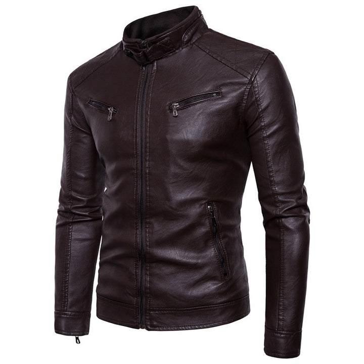 Herren stylische Lederjacke mit modernem Stehkragen und Reißverschlüssen Aliams