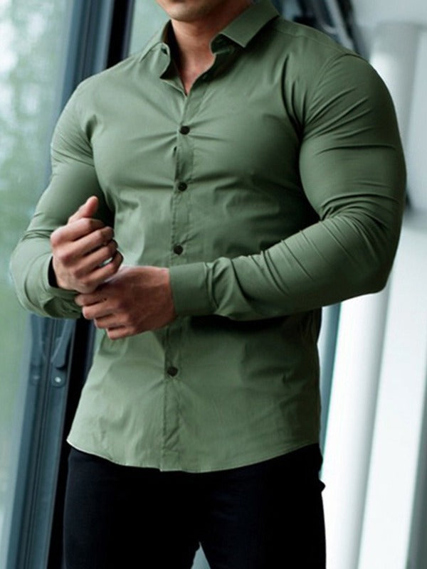 Herren körperbetontes Langarmhemd mit modischem Kragen und eleganten Knöpfen Aliams