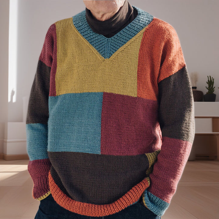 Herren gemusterter Pullover mit Farbblockdesign und modernem V-Ausschnitt Aliams
