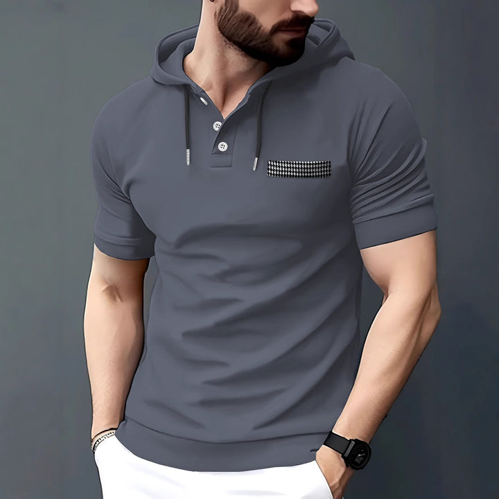Stylisches Herren Polo mit kurzem Arm und Kapuze mit Kontrasttasche Aliams