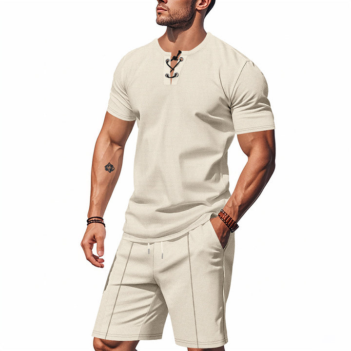 Herren Kurzarm-Henley-Set mit modischem Schnürdesign und atmungsaktivem Material Aliams