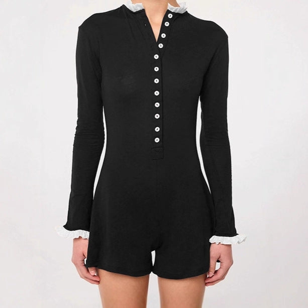 Damen Eleganter Langarm-Jumpsuit mit Knopfleiste und Rüschendetails Aliams