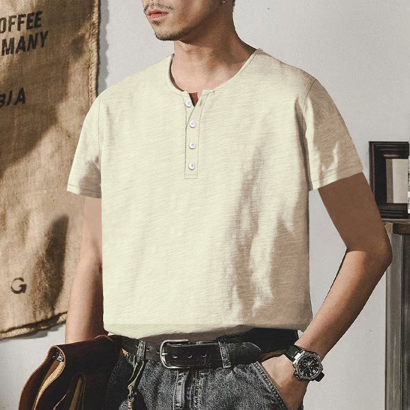 Herren hochwertiges Kurzarm-Henley-T-Shirt mit modischen Knöpfen und bequemer Passform Aliams
