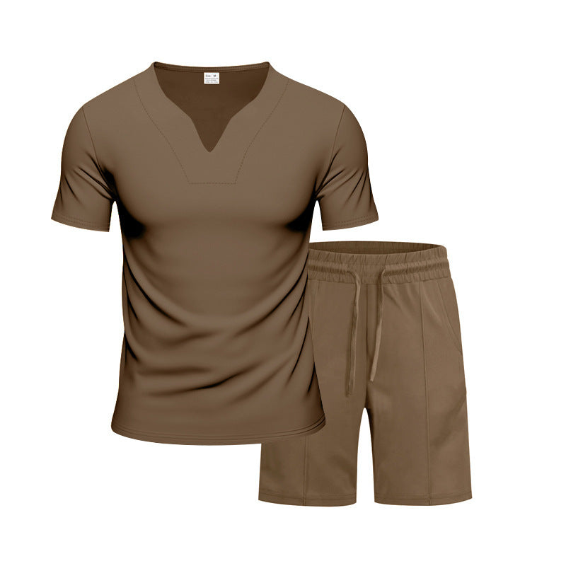 Herren Sportliches Freizeit-Set mit atmungsaktivem V-Ausschnitt T-Shirt und elastischen Shorts Aliams
