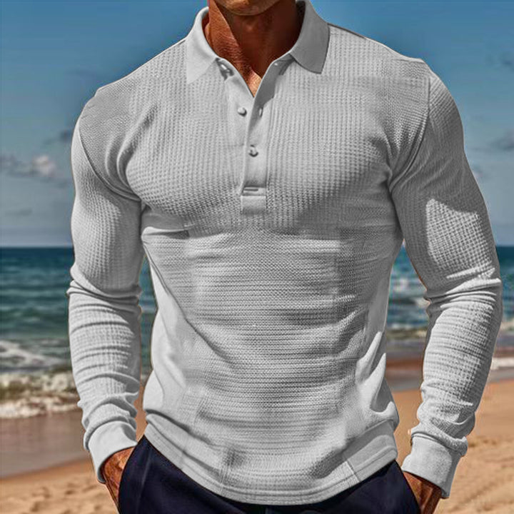 Herren eleganter Langarm-Polo mit Knopfleiste und strukturiertem Design Aliams